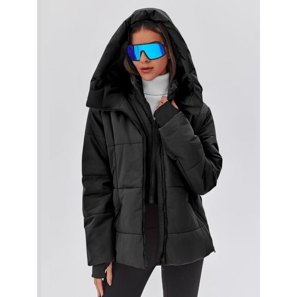 Women's Black Quilted Puffy Ski Jacket Belt Coat Hooded Mountain Winter Snow - Picture 2 of 6